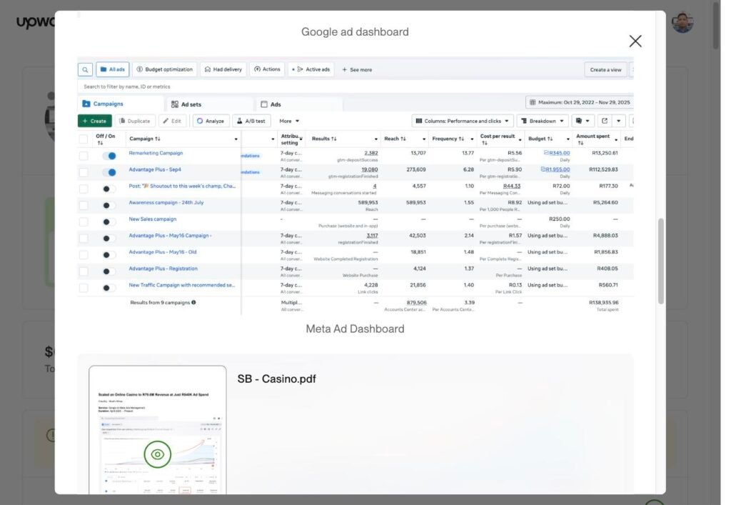 Meta Ads Campaign Dashboard showing Remarketing and Advantage Plus campaigns